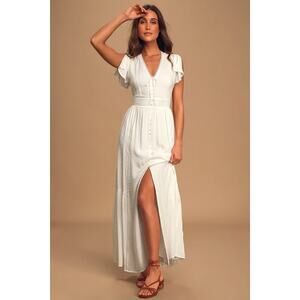 Lulus White Tiered Maxi Dress Cap Sleeves Vneck costal cowgirl